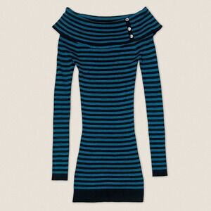 Candies Y2K Striped Off Shoulder Knit Mini Dress Teal Black Rhinestone - Size XS